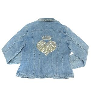 Christine Alexander Studded Crown Heart Swarovski‎ Crystal Denim Jean Jacket L